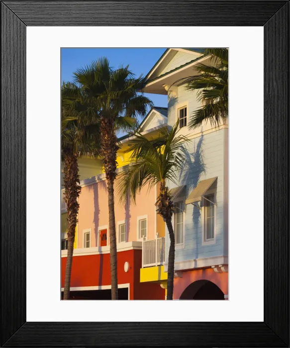 Framed Print : USA, Florida, Gulf Coast, Fort Myers Beach, pastel buildings and palm trees Framed Print : USA, Florida, Gulf Coast, Fort Myers Beach, pastel buildings and palm trees