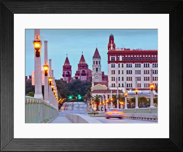 Framed Print : Florida, Saint Augustine, Illuminated Bridge of Lions, Skyline, Twin Towers Of Flagler Framed Print : Florida, Saint Augustine, Illuminated Bridge of Lions, Skyline, Twin Towers Of Flagler