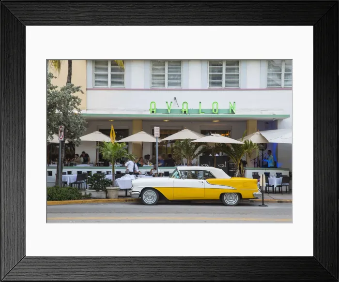 Framed Print : U. S. A, Miami, Ocean Drive, Miami Beach, South Beach, Yellow and white vintage car Framed Print : U. S. A, Miami, Ocean Drive, Miami Beach, South Beach, Yellow and white vintage car