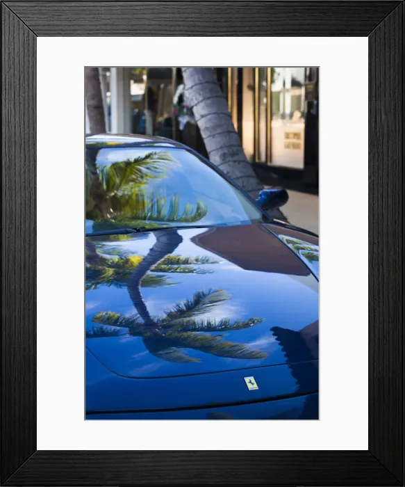 Framed Print : USA, Florida, Palm Beach, Worth Avenue, palm tree reflected in Ferrari sportscar