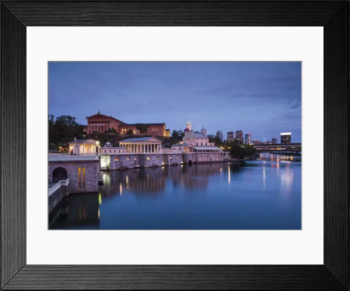 Framed Print : USA, Pennsylvania, Philadelphia, Fairmont Waterworks and city skyline, dusk