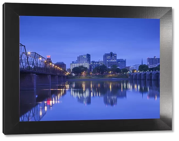 USA, Pennsylvania, Harrisburg, city skyline from the Susquehana River, dawn