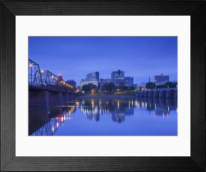 Framed Print : USA, Pennsylvania, Harrisburg, city skyline from the Susquehana River, dawn Framed Print : USA, Pennsylvania, Harrisburg, city skyline from the Susquehana River, dawn