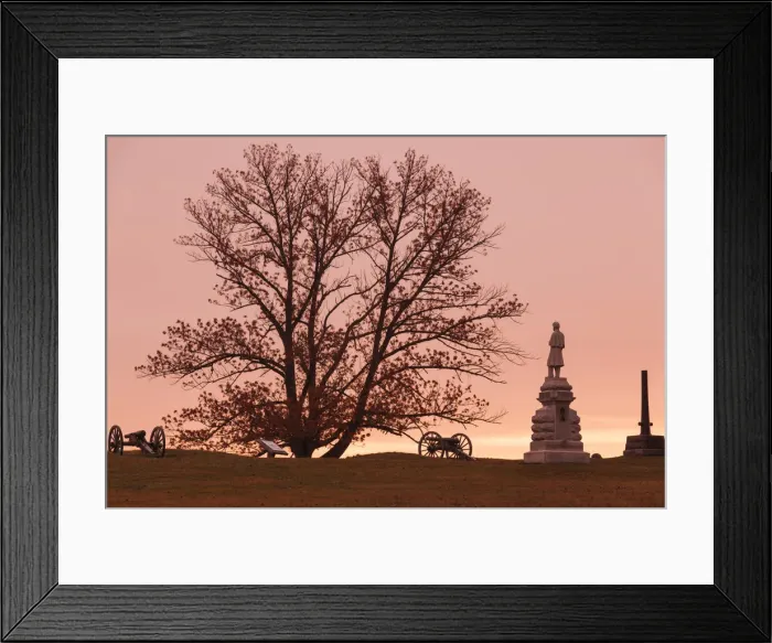 Framed Print : USA, Pennsylvania, Gettysburg, Battle of Gettysburg, tree and battlefield monument, dawn Framed Print : USA, Pennsylvania, Gettysburg, Battle of Gettysburg, tree and battlefield monument, dawn