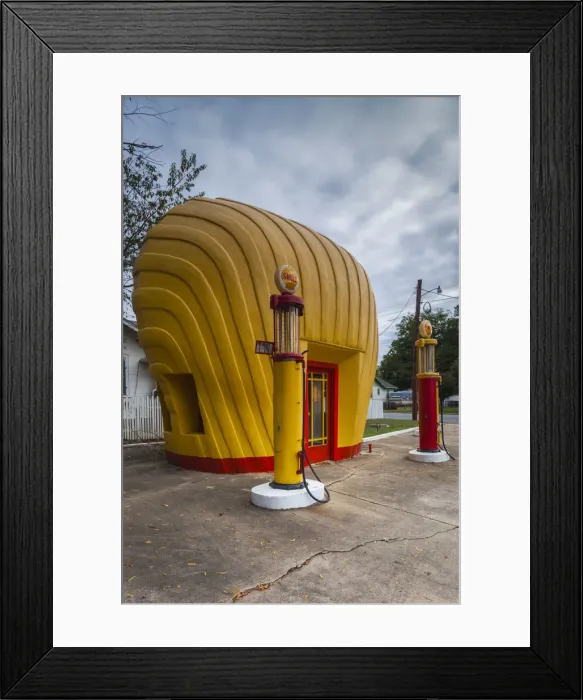 Framed Print : USA, North Carolina, Winston-Salem, old shell-shaped gas stationfrom the 1920s Framed Print : USA, North Carolina, Winston-Salem, old shell-shaped gas stationfrom the 1920s