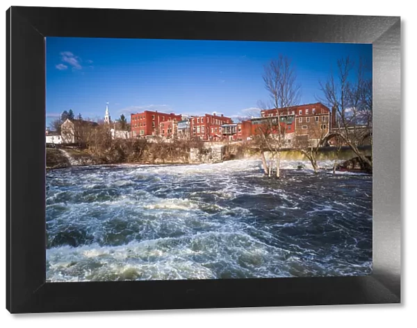 USA, Vermont, Middlebury, Town view from Otter Creek Falls, spring