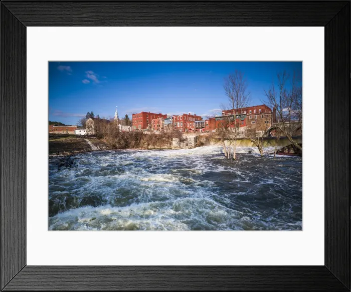 Framed Print : USA, Vermont, Middlebury, Town view from Otter Creek Falls, spring Framed Print : USA, Vermont, Middlebury, Town view from Otter Creek Falls, spring