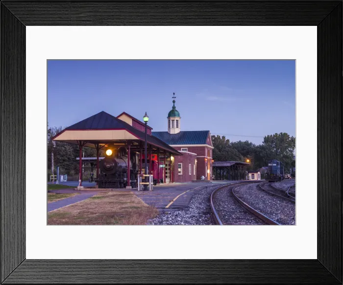 Framed Print : USA, New England, Vermont, White River Junction, train station, dusk Framed Print : USA, New England, Vermont, White River Junction, train station, dusk