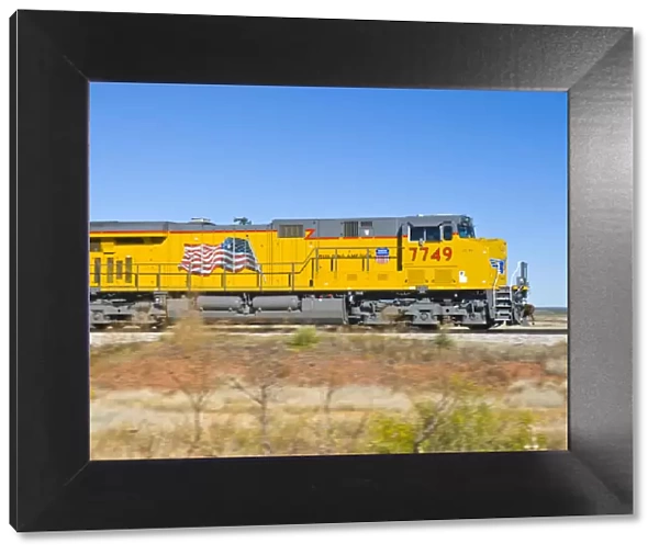 USA, New Mexico, Route 66, near Newkirk, Union Pacific locomotive