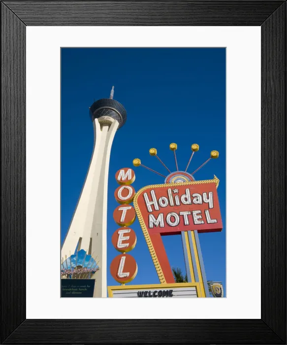 Framed Print : USA, Nevada, Las Vegas, Stratosphere and Holiday Motel Framed Print : USA, Nevada, Las Vegas, Stratosphere and Holiday Motel