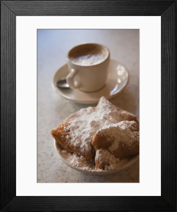 Framed Print : USA, Louisiana, New Orleans, French Quarter, beignets and cafe au lait at Cafe Du Monde Framed Print : USA, Louisiana, New Orleans, French Quarter, beignets and cafe au lait at Cafe Du Monde