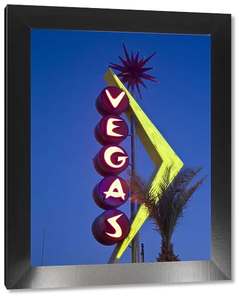 USA, Nevada, Las Vegas, Downtown, Freemont East Area, Neon Vegas sign, dusk