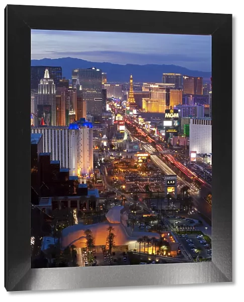 United States of America, Nevada, Las Vegas, Elevated dusk view of the Hotels