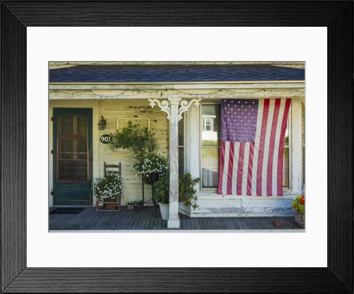 Framed Print : USA, Maine, Cundys Harbor, US flag on porch