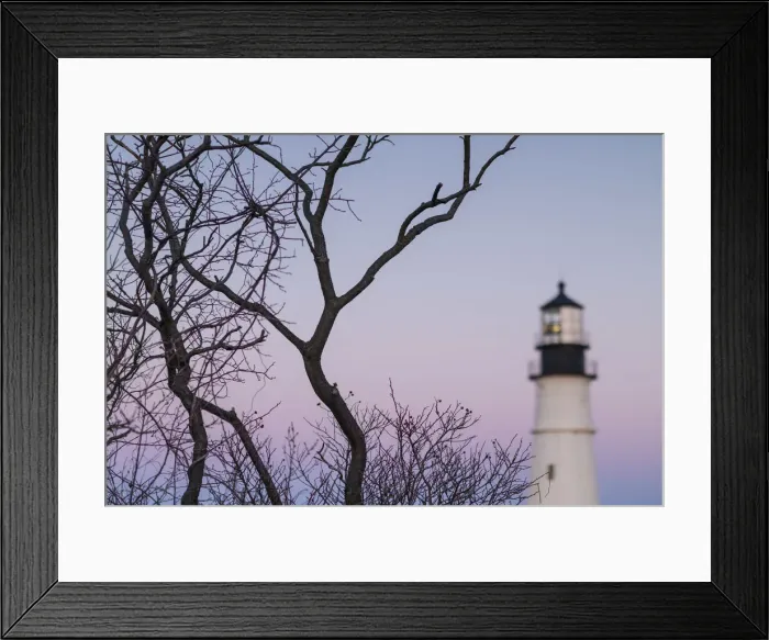Framed Print : USA, Maine, Portland, Cape Elizabeth, Portland Head Light, lighthouse, dusk, defocussed