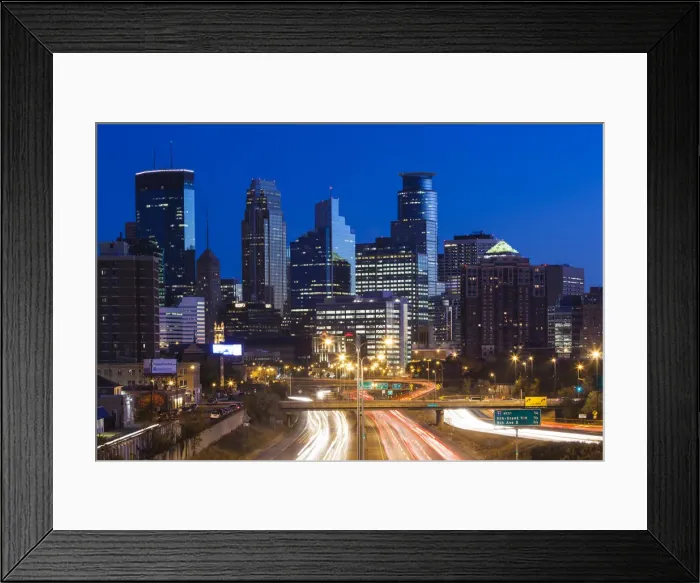 Framed Print : USA, Minnesota, Minneapolis, city skyline from interstate highway I-35W Framed Print : USA, Minnesota, Minneapolis, city skyline from interstate highway I-35W