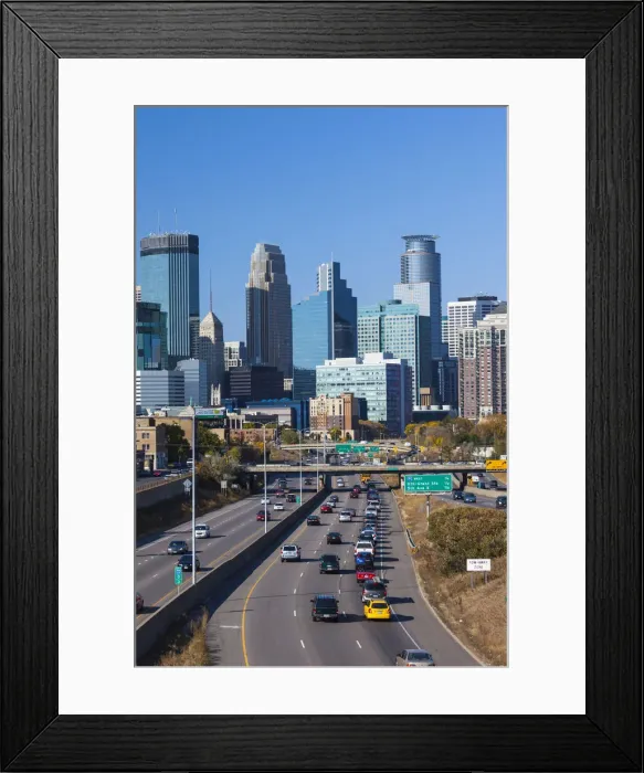 Framed Print : USA, Minnesota, Minneapolis, city skyline from interstate highway I-35W Framed Print : USA, Minnesota, Minneapolis, city skyline from interstate highway I-35W