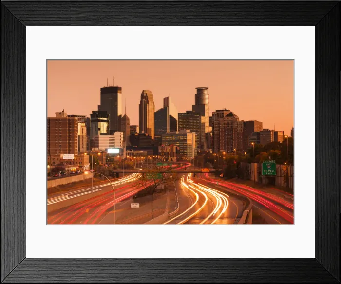 Framed Print : USA, Minnesota, Minneapolis, city skyline from interstate highway I-35W Framed Print : USA, Minnesota, Minneapolis, city skyline from interstate highway I-35W