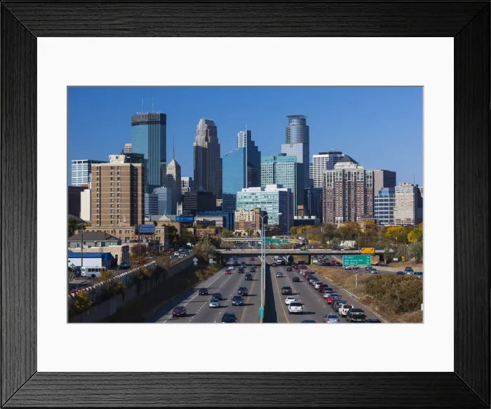 Framed Print : USA, Minnesota, Minneapolis, city skyline from interstate highway I-35W Framed Print : USA, Minnesota, Minneapolis, city skyline from interstate highway I-35W