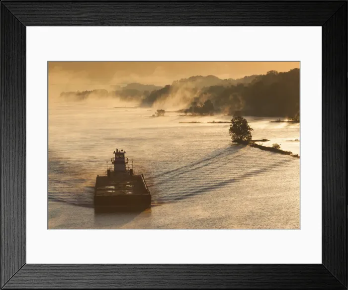 Framed Print : USA, Arkansas, Little Rock, Arkansas River, river barge, autumn fog Framed Print : USA, Arkansas, Little Rock, Arkansas River, river barge, autumn fog