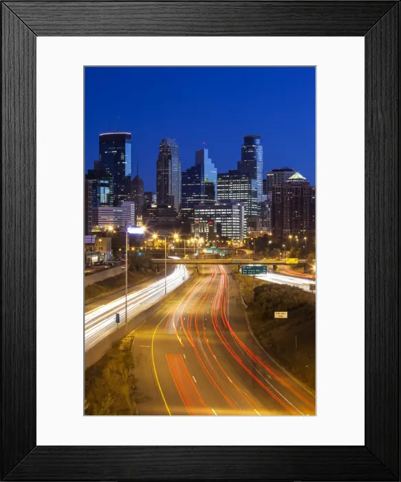 Framed Print : USA, Minnesota, Minneapolis, city skyline from interstate highway I-35W Framed Print : USA, Minnesota, Minneapolis, city skyline from interstate highway I-35W