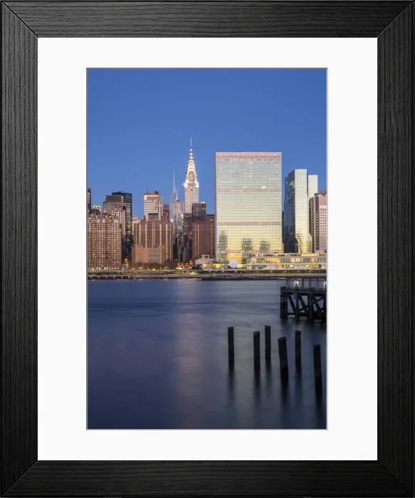 Framed Print : Chrysler & UN Buildings and Midtown Manhattan skyline from Queens, New York City Framed Print : Chrysler & UN Buildings and Midtown Manhattan skyline from Queens, New York City