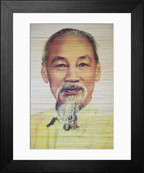 Framed Print : Ho Chi Minh portrait on bamboo scroll, Hanoi, Vietnam