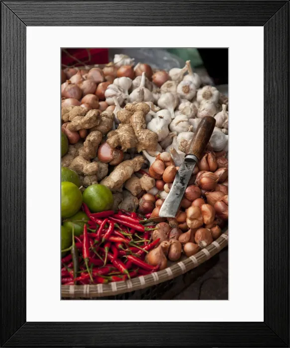 Framed Print : Basket of onions, garlics, ginger and chillis, Old Quarter, Hanoi, Vietnam Framed Print : Basket of onions, garlics, ginger and chillis, Old Quarter, Hanoi, Vietnam