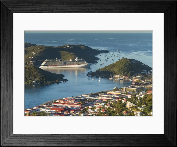 Framed Print : U. S. Virgin Islands, St. Thomas, Charlotte Amalie, elevated town view with cruiseship Framed Print : U. S. Virgin Islands, St. Thomas, Charlotte Amalie, elevated town view with cruiseship