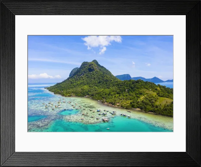 Framed Print : Still houses of the Bajau Laut sea gypsies, Bodgaya Island, Tun Sakaran Marine Park