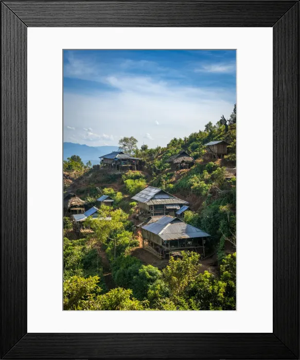 Framed Print : Remote village of Eng tribe built on a slope in mountains near Kengtung Framed Print : Remote village of Eng tribe built on a slope in mountains near Kengtung