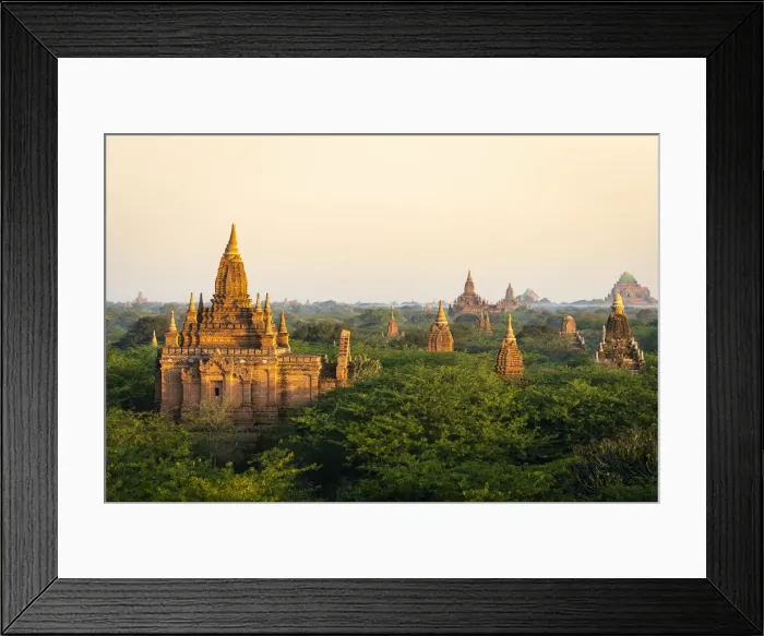 Framed Print : Old pagodas amidst trees against sky during sunrise, Bagan, Mandalay Region, Myanmar