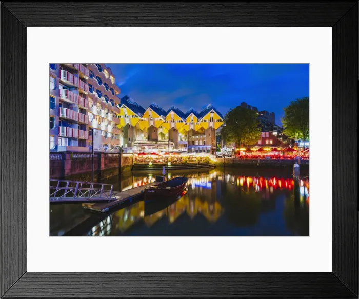 Framed Print : Cubic Houses (Kubuswoning) by Piet Blom, reflecting in the water canal by night in Framed Print : Cubic Houses (Kubuswoning) by Piet Blom, reflecting in the water canal by night in