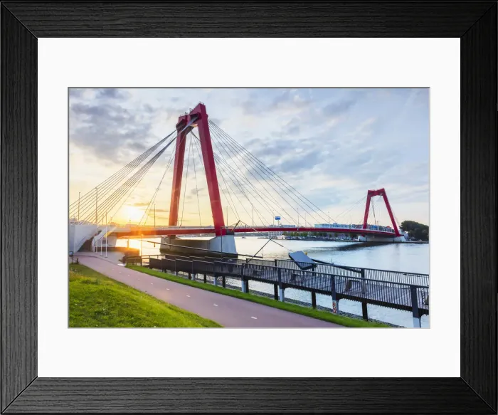 Framed Print : Willemsbrug crossing the water canal at sunrise in Rotterdam, Holland  /  Netherlands