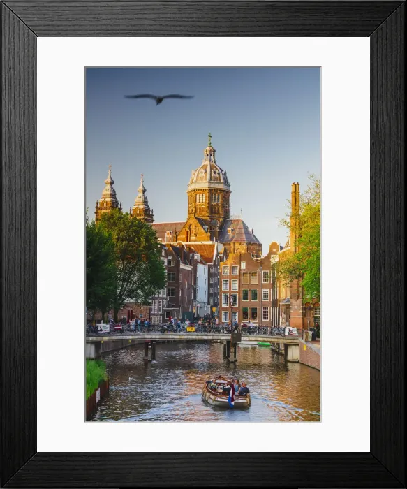 Framed Print : A boat with tourists in the water canal with St. Nicholas church reflecting in the canal Framed Print : A boat with tourists in the water canal with St. Nicholas church reflecting in the canal