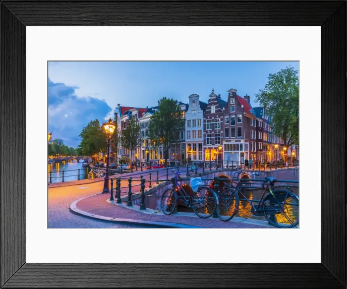 Framed Print : Typical buildings in Amsterdam at dusk, Holland / Netherlands Framed Print : Typical buildings in Amsterdam at dusk, Holland / Netherlands