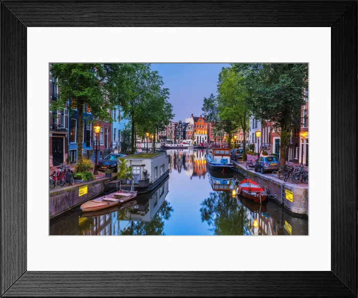 Framed Print : View of the Amsterdam water canal and the typical houses at dusk, Holland  /  Netherlands