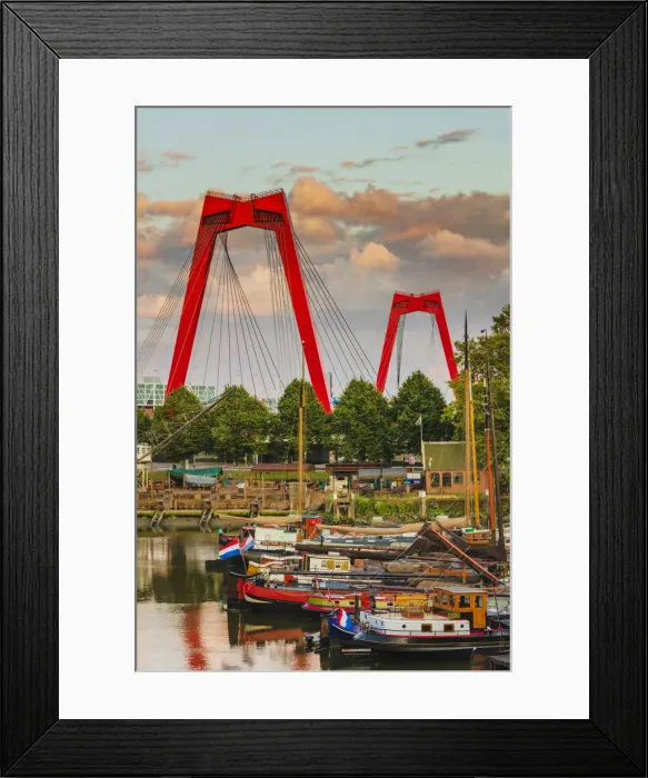 Framed Print : Willemsbrug bridge at sunset with boats in Oudehaven, Holland / Netherlands Framed Print : Willemsbrug bridge at sunset with boats in Oudehaven, Holland / Netherlands