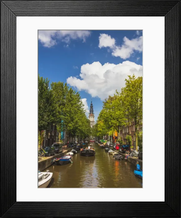 Framed Print : A boat with tourists with Zuiderkerk church reflecting in the water canal in Amsterdam Framed Print : A boat with tourists with Zuiderkerk church reflecting in the water canal in Amsterdam