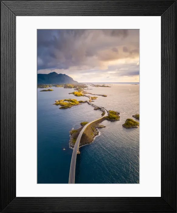 Framed Print : Aerial view of the Atlantic Ocean Road at sunset, More og Romsdal, Norway Framed Print : Aerial view of the Atlantic Ocean Road at sunset, More og Romsdal, Norway