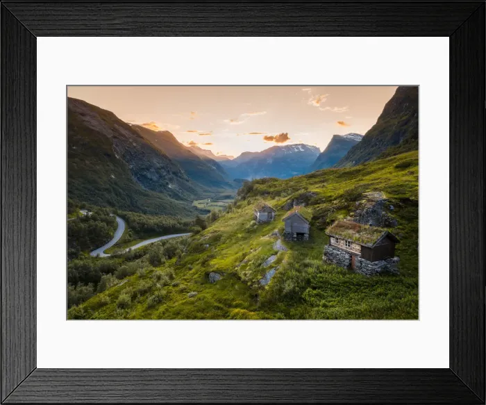 Framed Print : More og Romsdal, Norway. Turf roof houses near Geirangerfjord Framed Print : More og Romsdal, Norway. Turf roof houses near Geirangerfjord