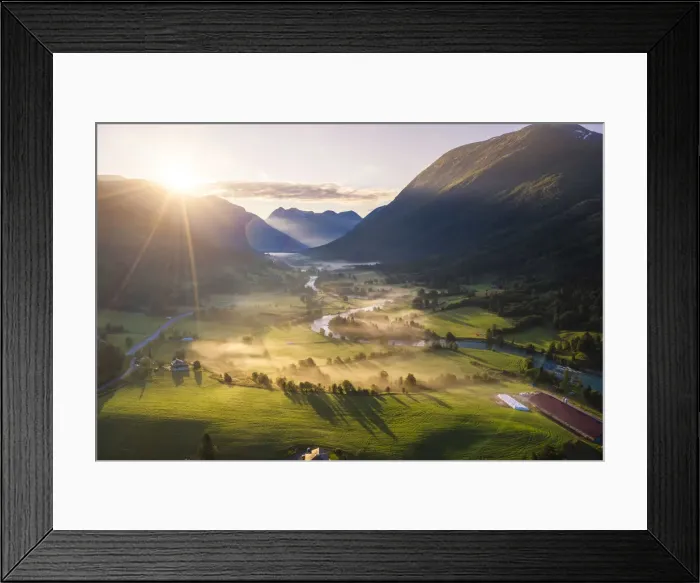 Framed Print : Stryn, Sogn og Fjordane, Norway. Winding river in the fog at sunrise Framed Print : Stryn, Sogn og Fjordane, Norway. Winding river in the fog at sunrise
