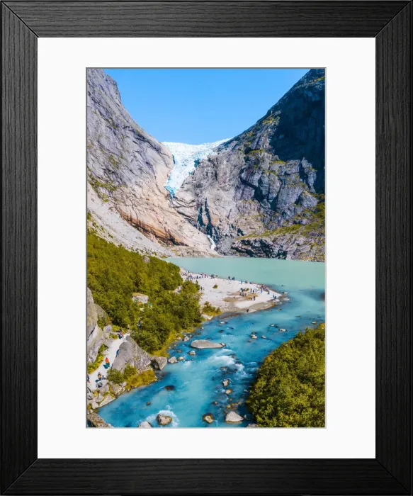 Framed Print : Briksdalsbreen glacier, Sogn og Fjordane, Norway. Tourists admiring the glacier Framed Print : Briksdalsbreen glacier, Sogn og Fjordane, Norway. Tourists admiring the glacier