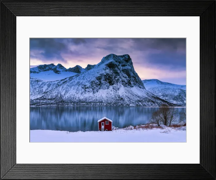 Framed Print : Red Boat House along Bergsbotn Fjord, Senja, Norway