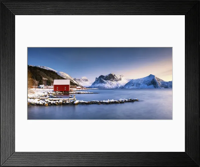 Framed Print : Red Boat Huts & Bergsbotn Fjord, Skaland, Senja, Norway