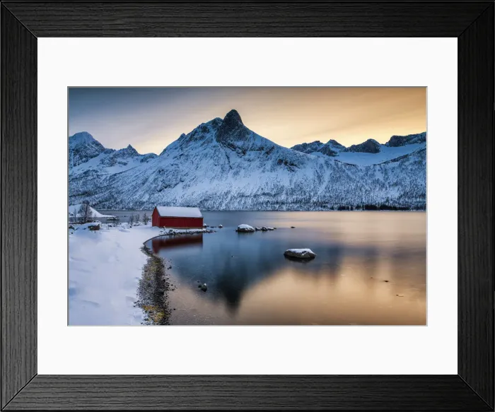 Framed Print : Red Boat Hut & Mountain Peak Reflecting in Bergsbotn Fjord, Senja, Norway Framed Print : Red Boat Hut & Mountain Peak Reflecting in Bergsbotn Fjord, Senja, Norway
