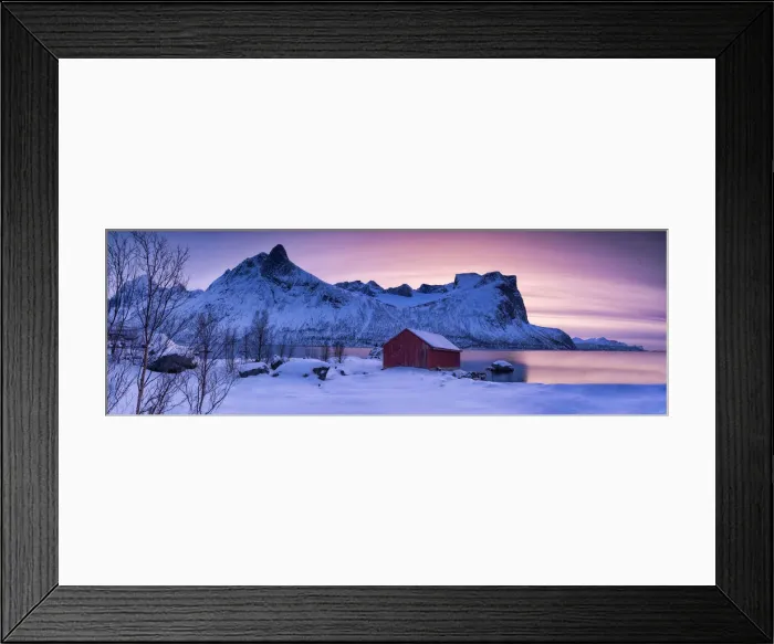 Framed Print : Red Boat Hut & Mountain at Sunset, Senja, Norway Framed Print : Red Boat Hut & Mountain at Sunset, Senja, Norway