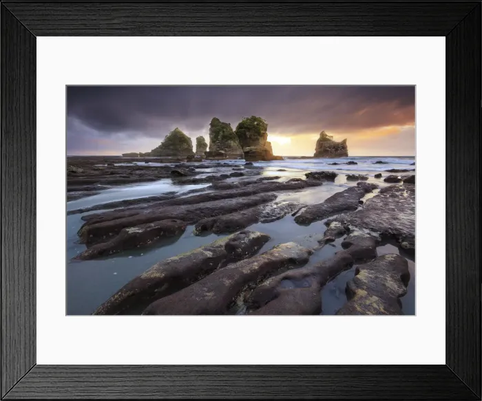 Framed Print : Sunset at Motukieie beach, West Coast, New Zealand