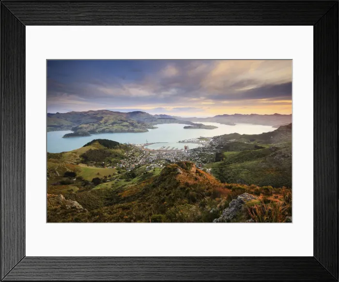 Framed Print : Sunset looking towards Lyttelton Harbour, from the Port Hills, Christchurch, New Zealand Framed Print : Sunset looking towards Lyttelton Harbour, from the Port Hills, Christchurch, New Zealand