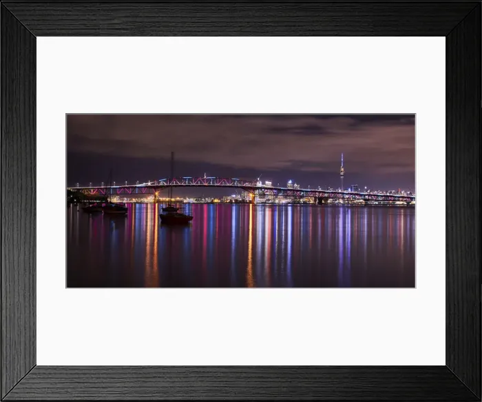 Framed Print : Auckland Harbour Bridge reflections at night, Auckland, New Zealand Framed Print : Auckland Harbour Bridge reflections at night, Auckland, New Zealand